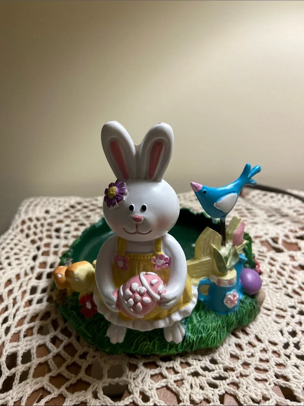 Easter Bunny candle holder with Pink Egg - White & Yellow